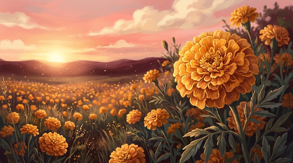 Ilustración de un campo de cempasúchil al atardecer.